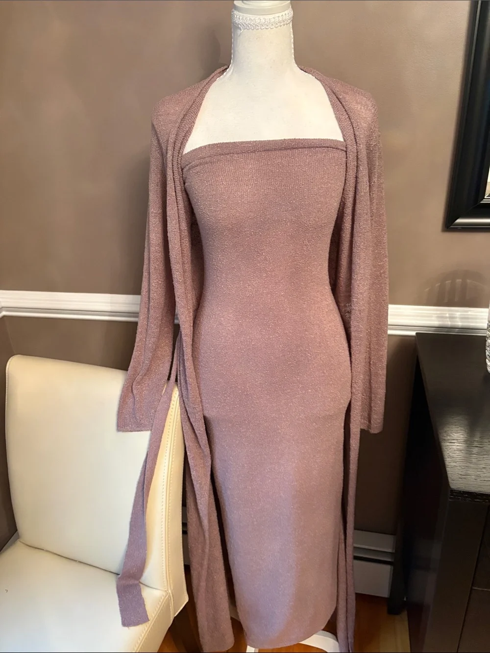 Free People Blush Taupe Knit Midi Dress with Tie-Waist Cardigan